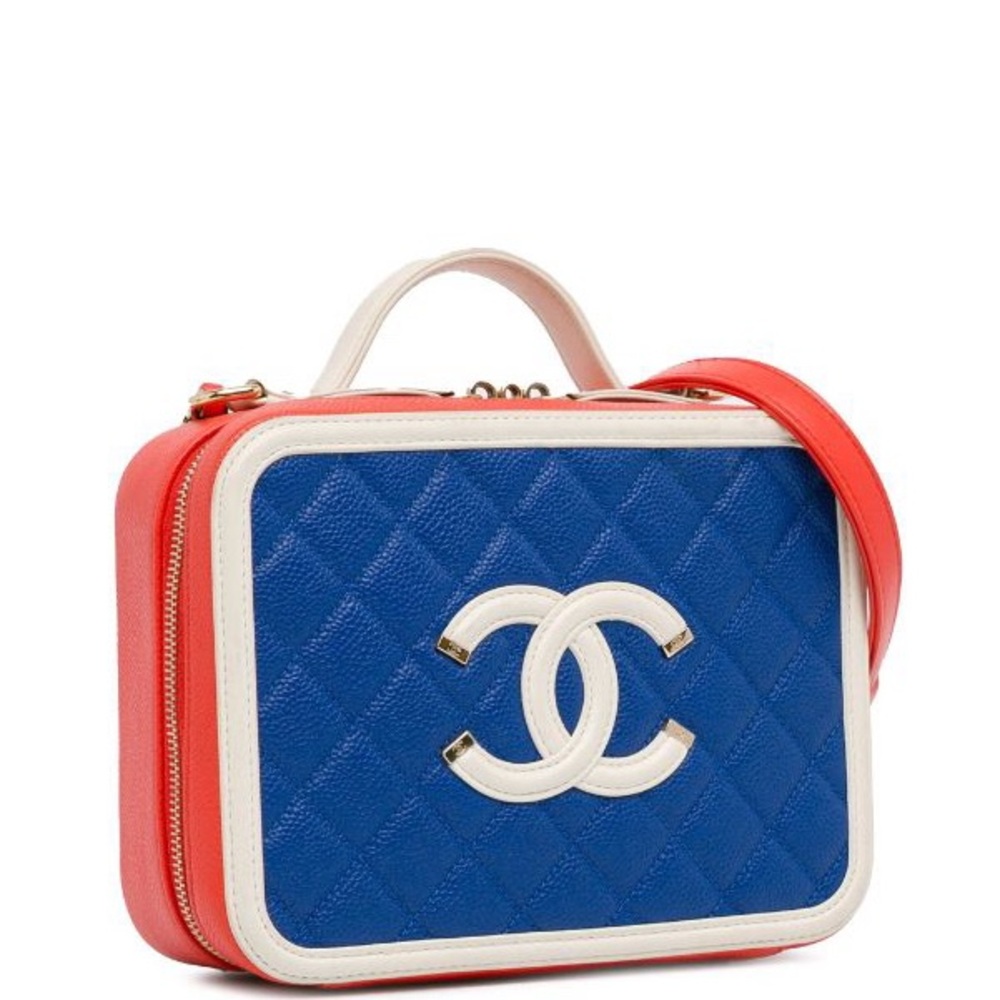 Chanel  Caviar Quilted Small CC Filigree Vanity Case Blue White Red